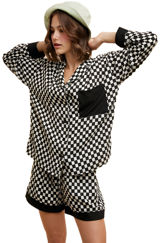 Checkerboard Print Button-Up Shirt and Shorts Pajama Set