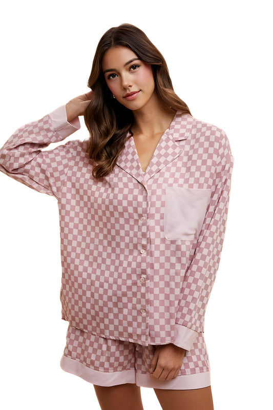 Pink Checkerboard Button-Up Shirt and Shorts Pajama Set