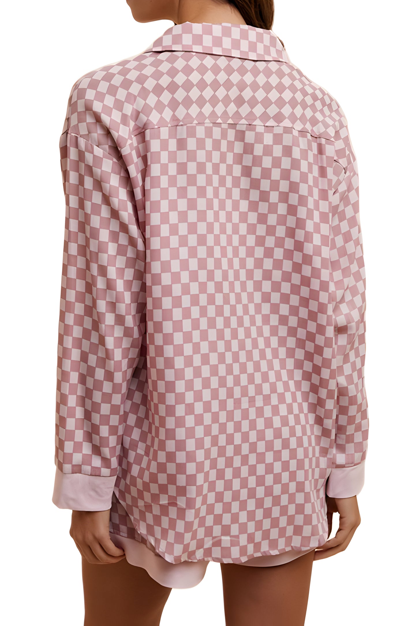 Pink Checkerboard Button-Up Shirt and Shorts Pajama Set