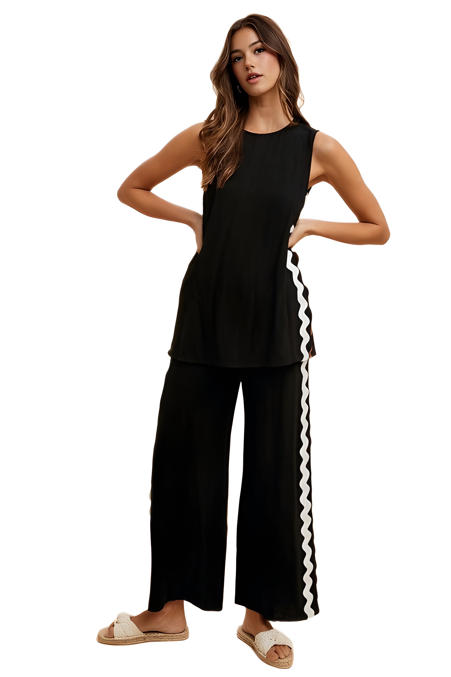 Black Wide-Leg Pant and Sleeveless Top Set with Wave Trim