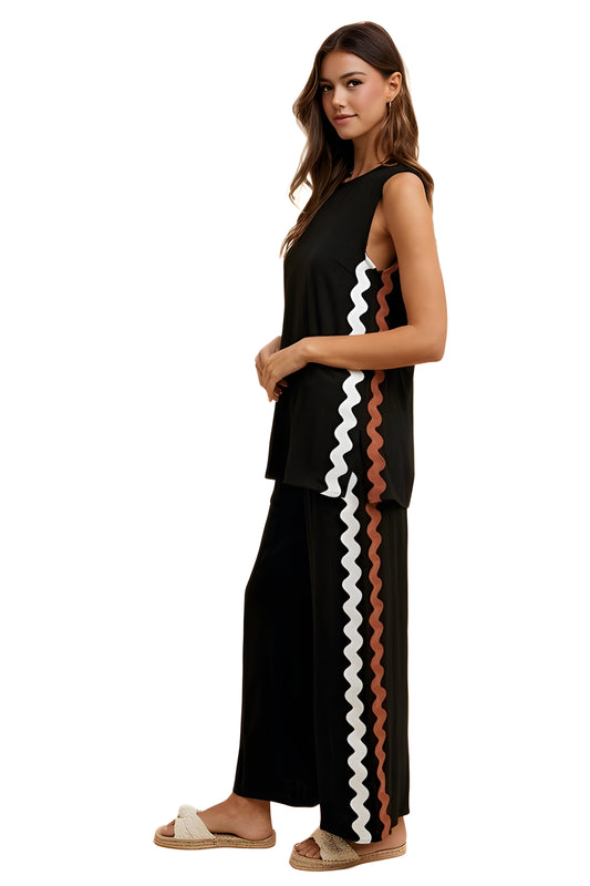 Black Wide-Leg Pant and Sleeveless Top Set with Wave Trim