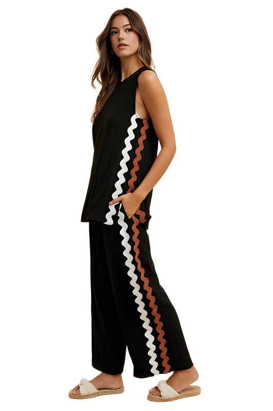 Black Wide-Leg Pant and Sleeveless Top Set with Wave Trim