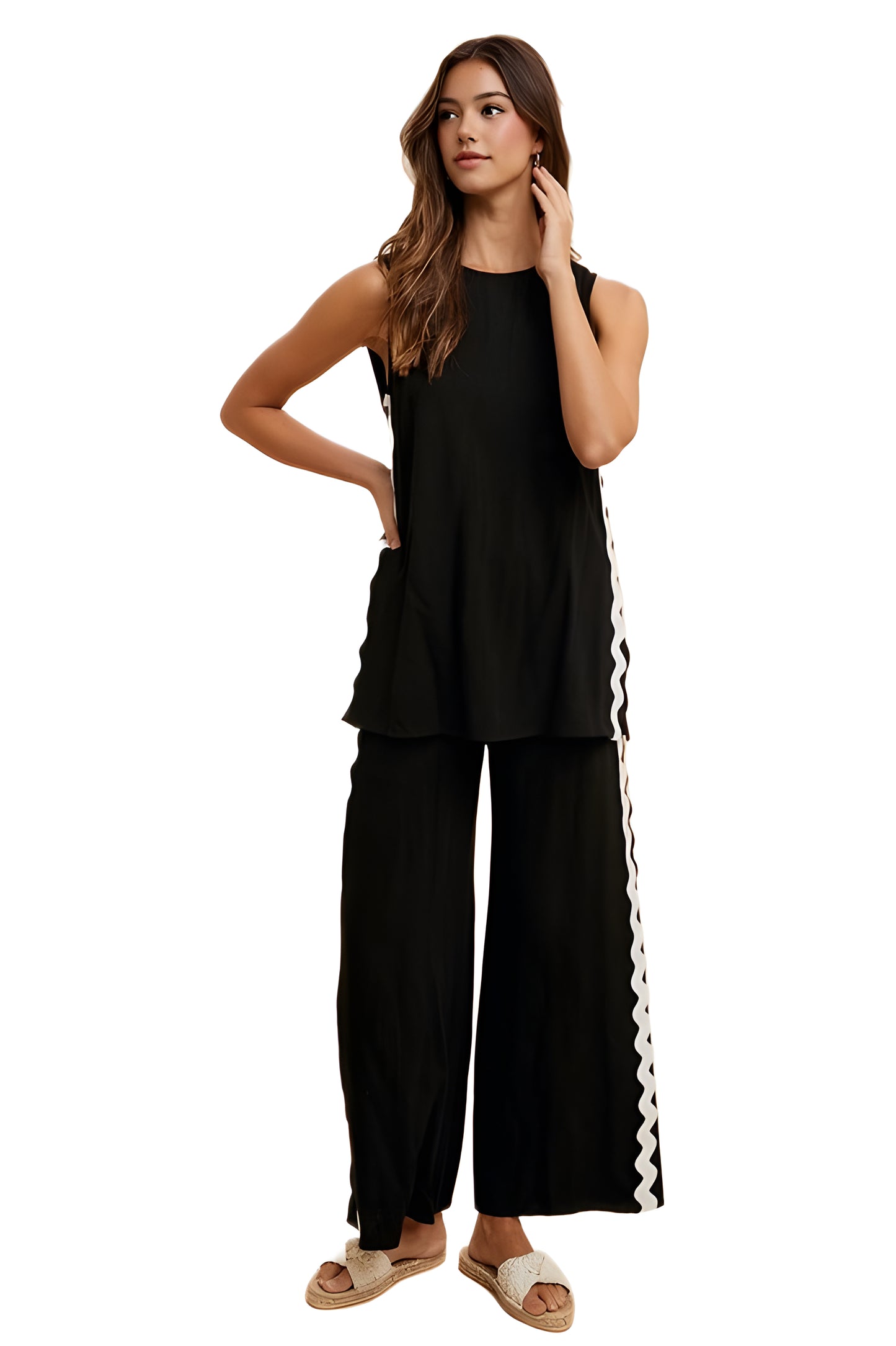 Black Wide-Leg Pant and Sleeveless Top Set with Wave Trim