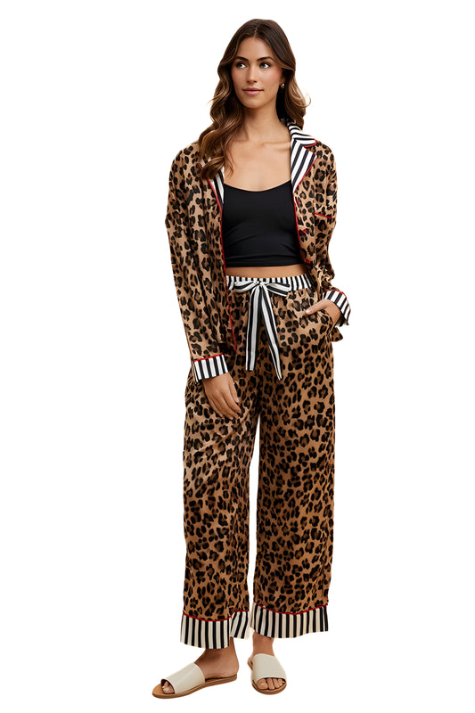 Leopard Print Pajama Set with Striped Trim