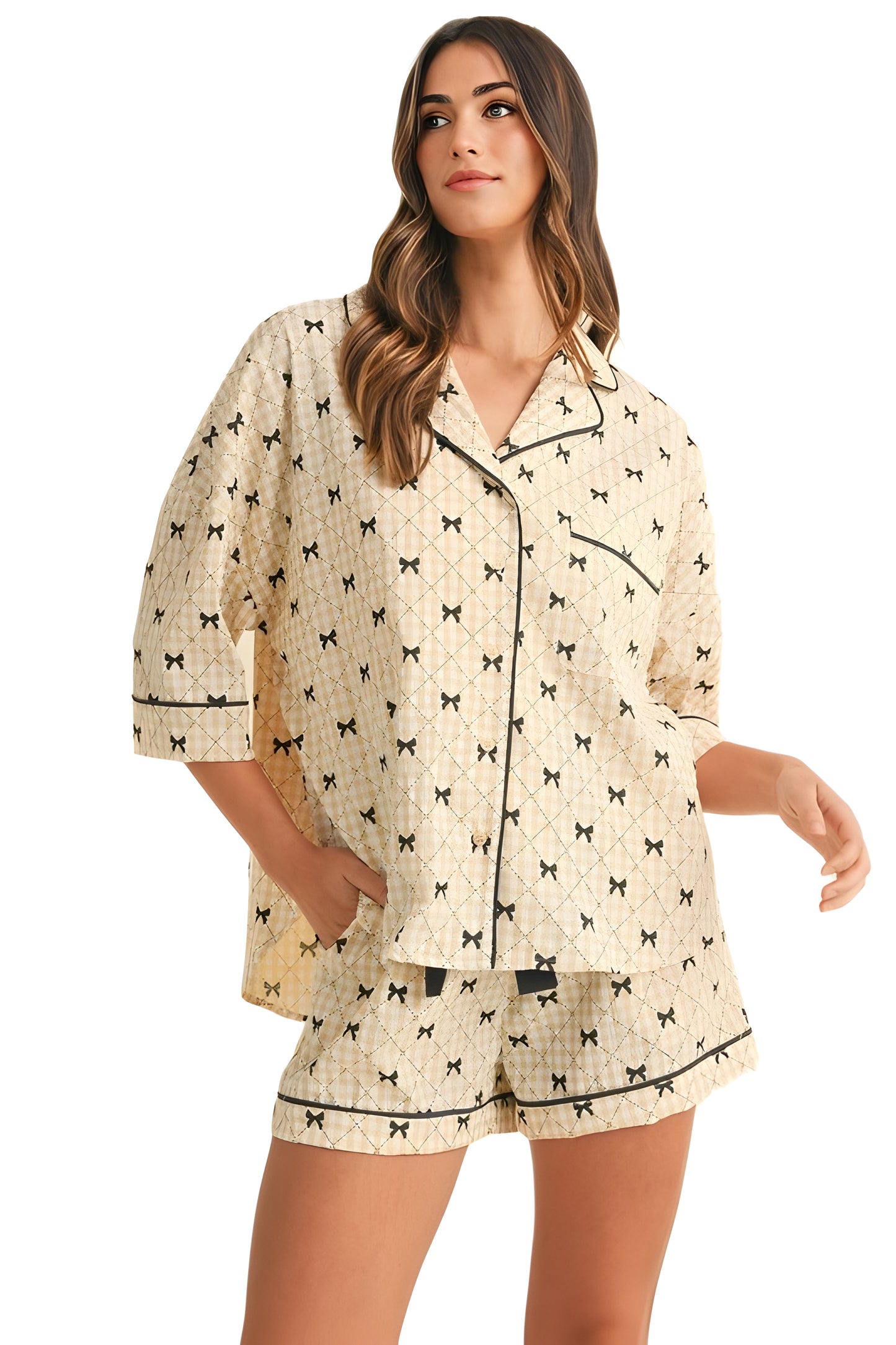 Satin Bow Print Pajama Set with Contrast Piping