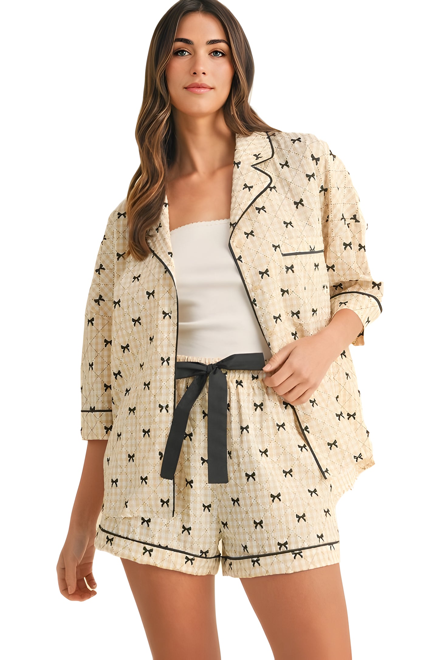 Satin Bow Print Pajama Set with Contrast Piping