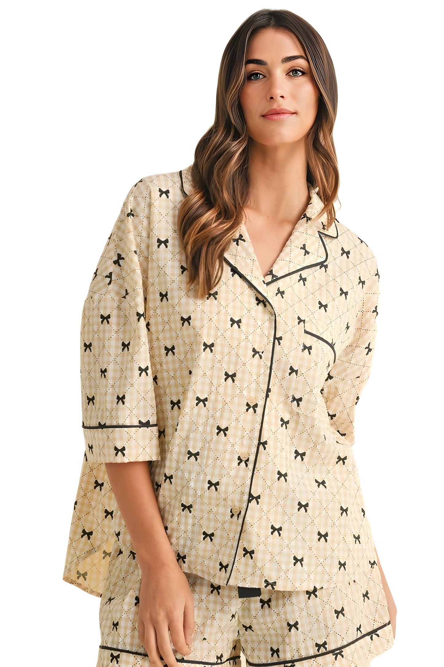 Satin Bow Print Pajama Set with Contrast Piping