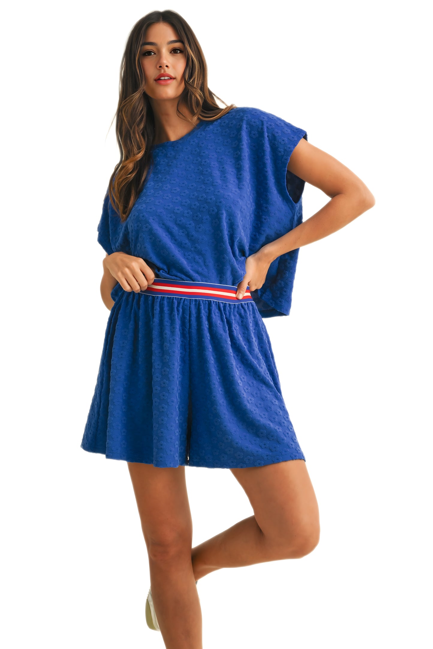 Textured Royal Blue Lounge Set with Striped Waistband