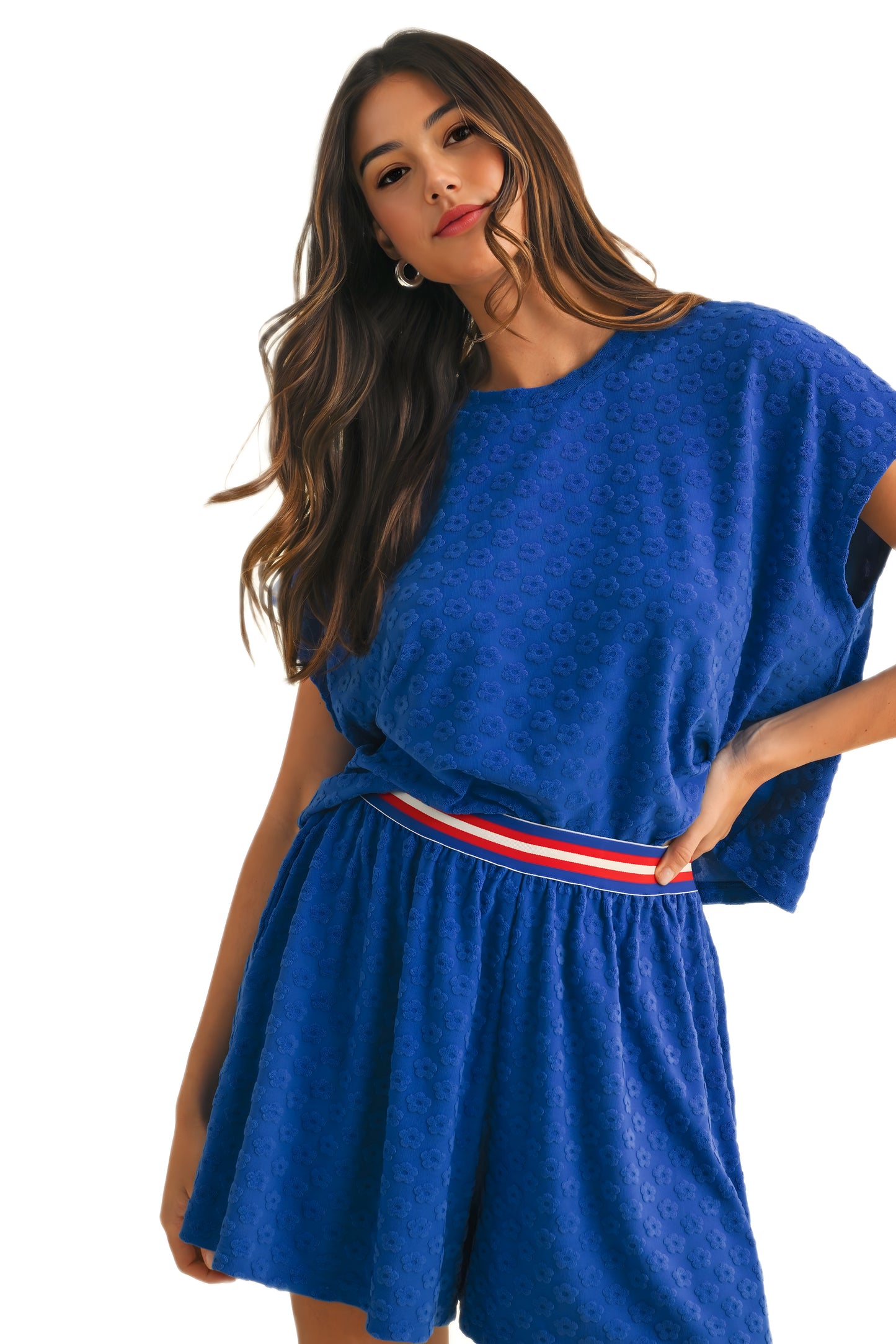Textured Royal Blue Lounge Set with Striped Waistband