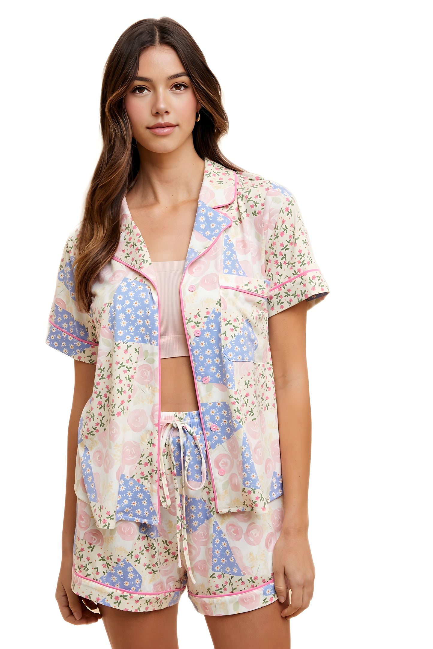 Pastel Floral Patchwork Pajama Set with Pink Piping