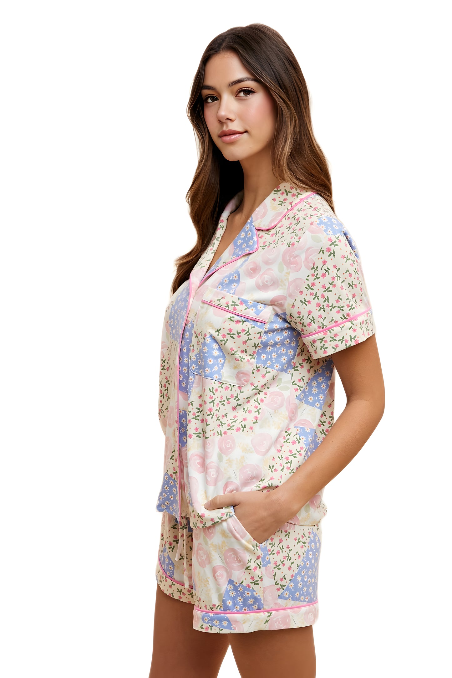 Pastel Floral Patchwork Pajama Set with Pink Piping