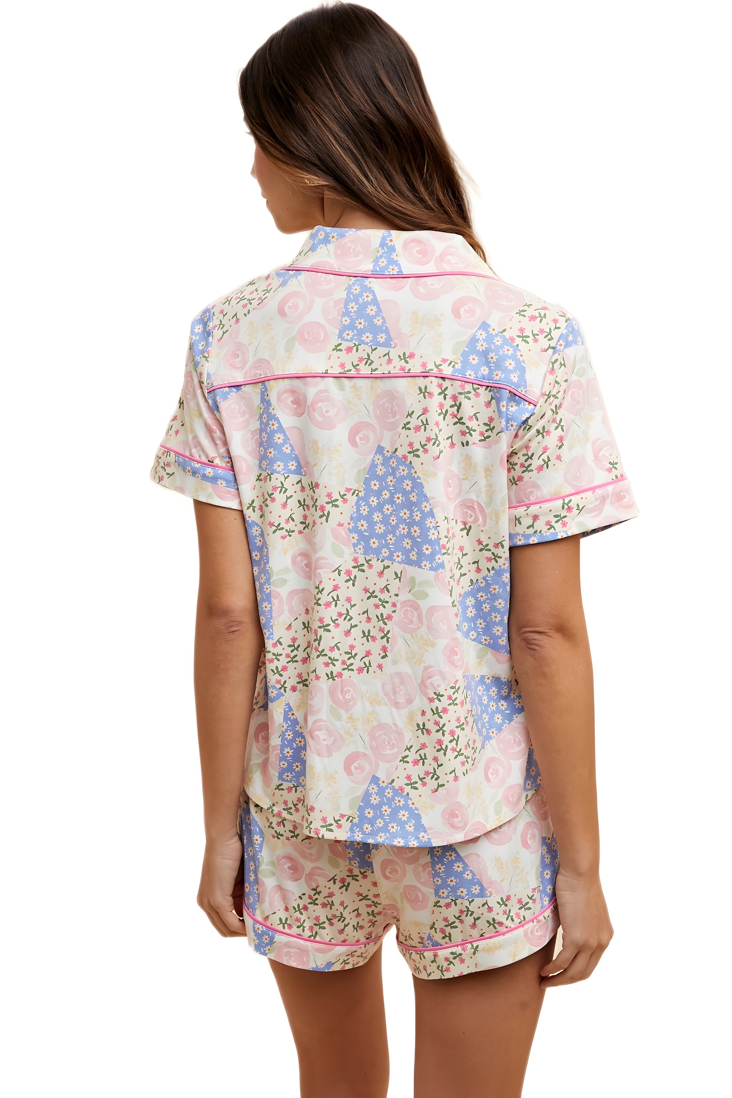 Pastel Floral Patchwork Pajama Set with Pink Piping