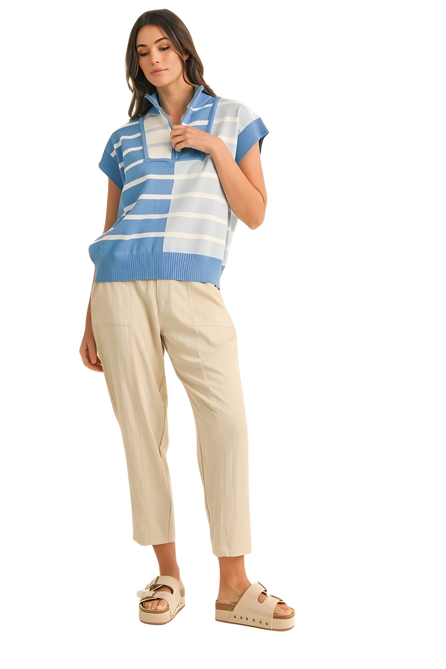 Sky Blue Striped Half-Zip Knit Top with Contrast Trim