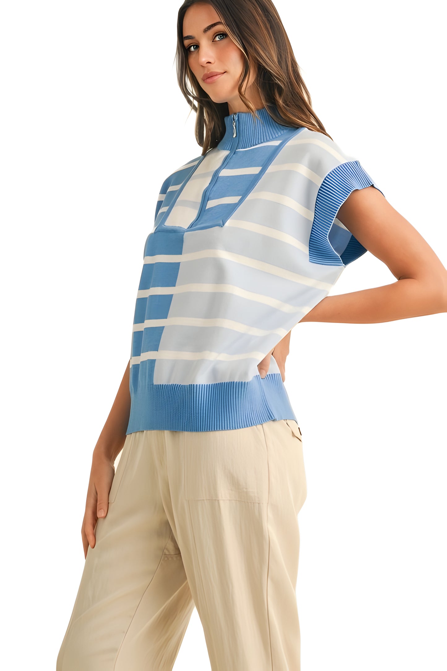 Sky Blue Striped Half-Zip Knit Top with Contrast Trim