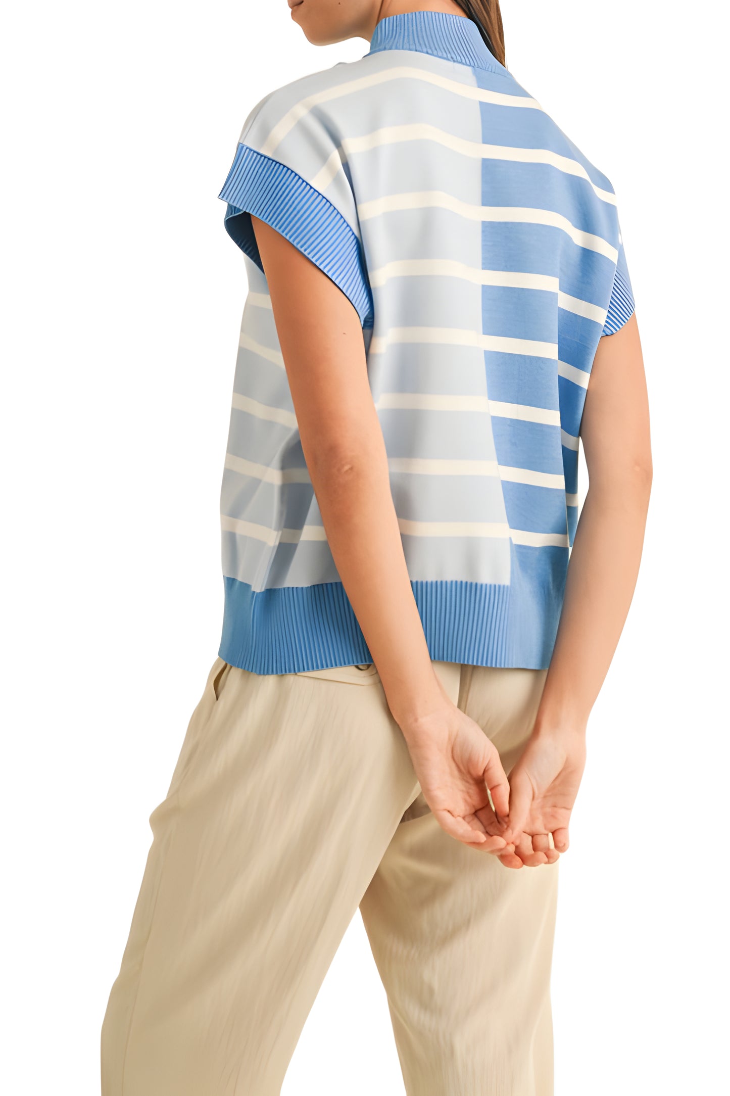 Sky Blue Striped Half-Zip Knit Top with Contrast Trim