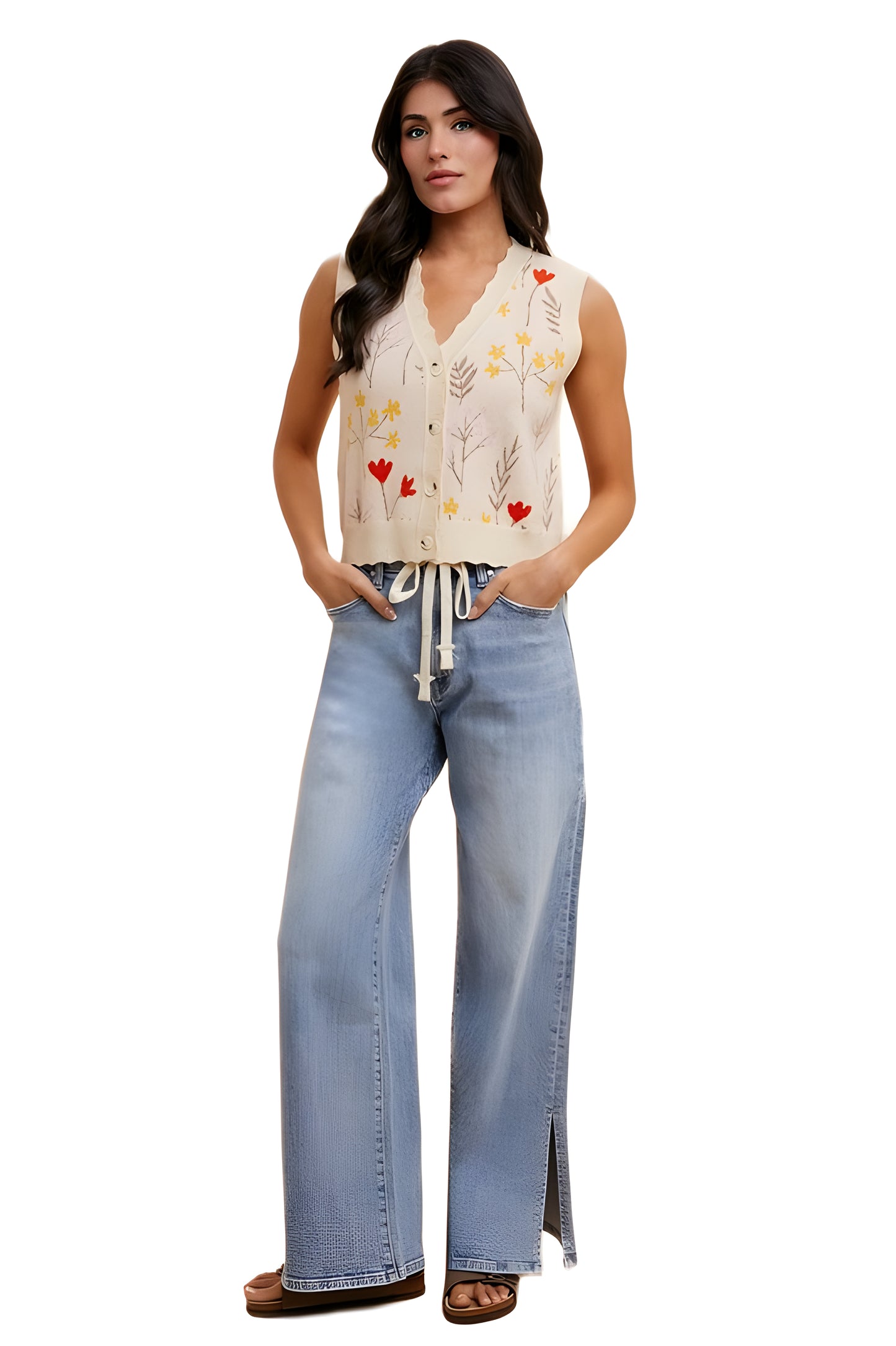 Sleeveless Button-Front Knit Vest with Floral Embroidery