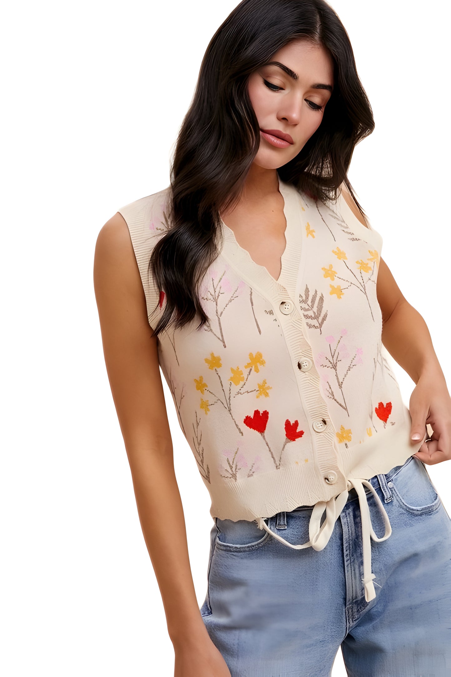 Sleeveless Button-Front Knit Vest with Floral Embroidery