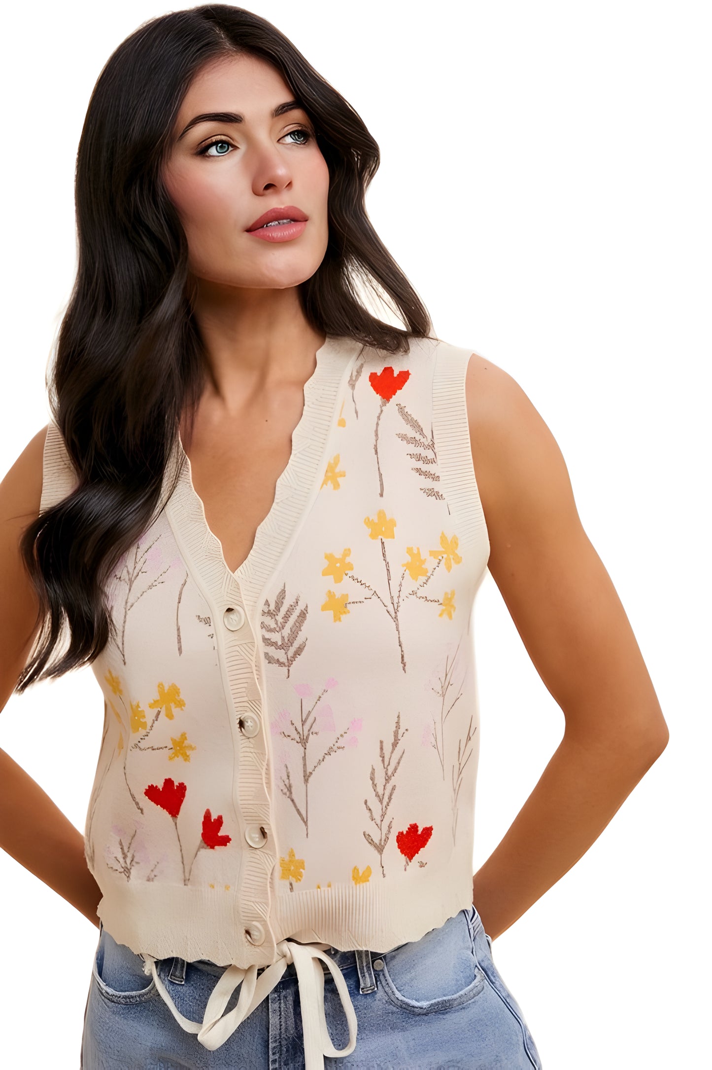 Sleeveless Button-Front Knit Vest with Floral Embroidery