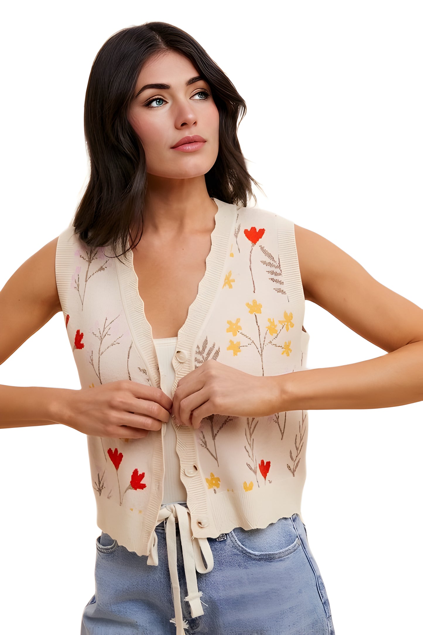 Sleeveless Button-Front Knit Vest with Floral Embroidery