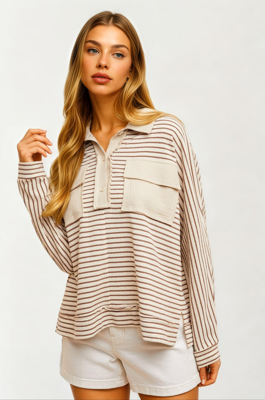 Striped Long Sleeve Waffle Knit Pullover Top