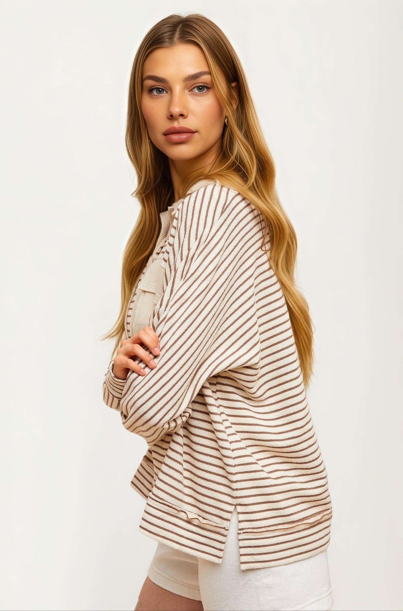 Striped Long Sleeve Waffle Knit Pullover Top