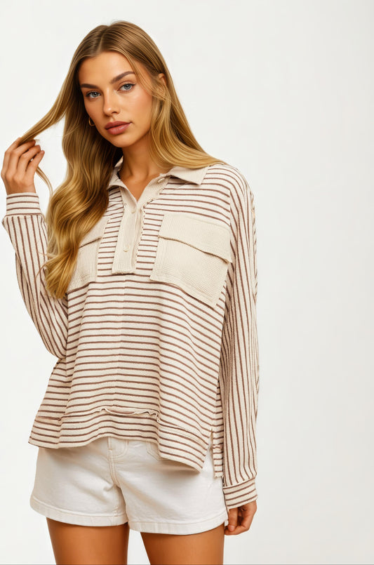 Striped Long Sleeve Waffle Knit Pullover Top