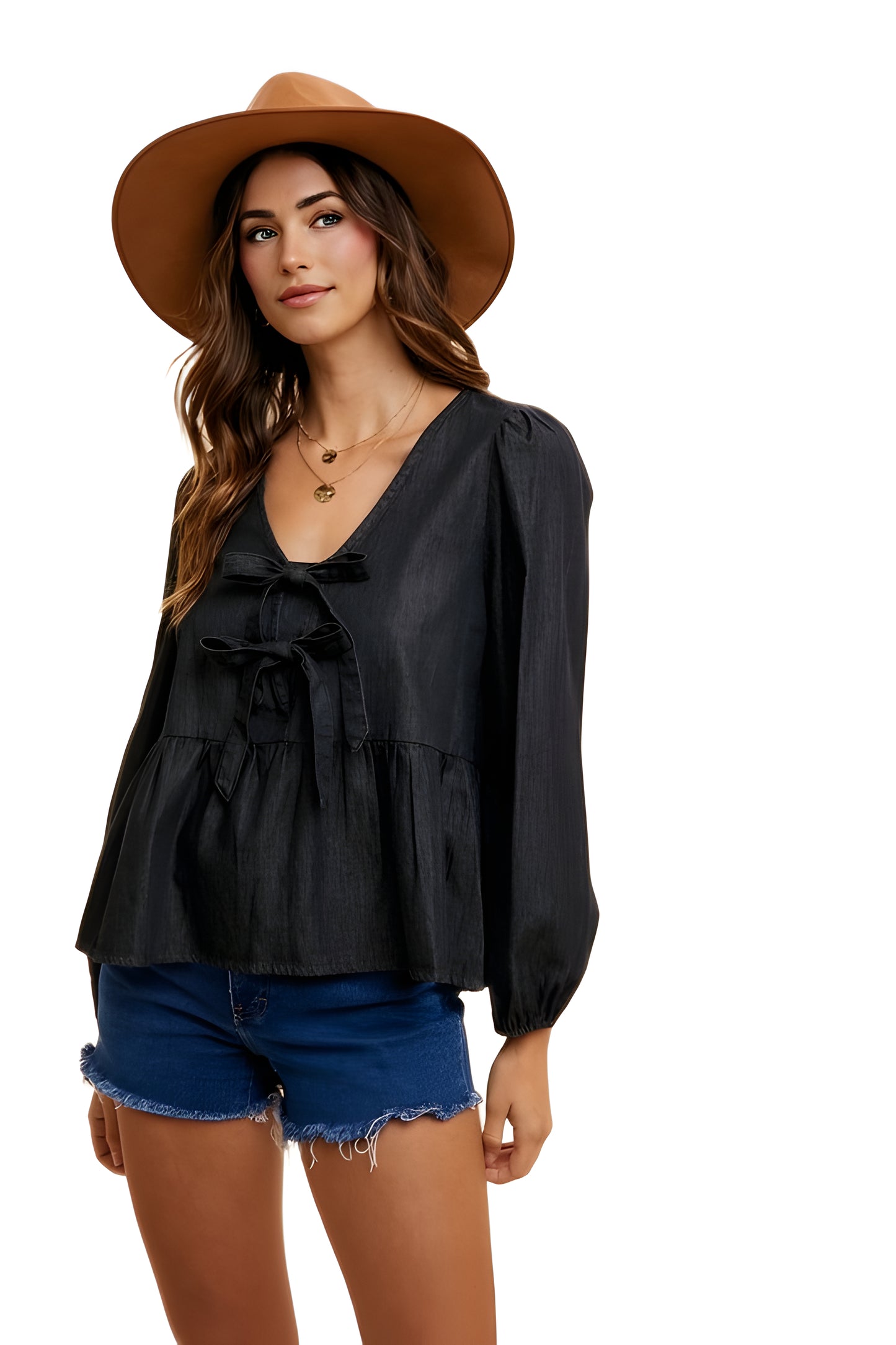 Long Sleeve Tie-Front Peplum Blouse in Black