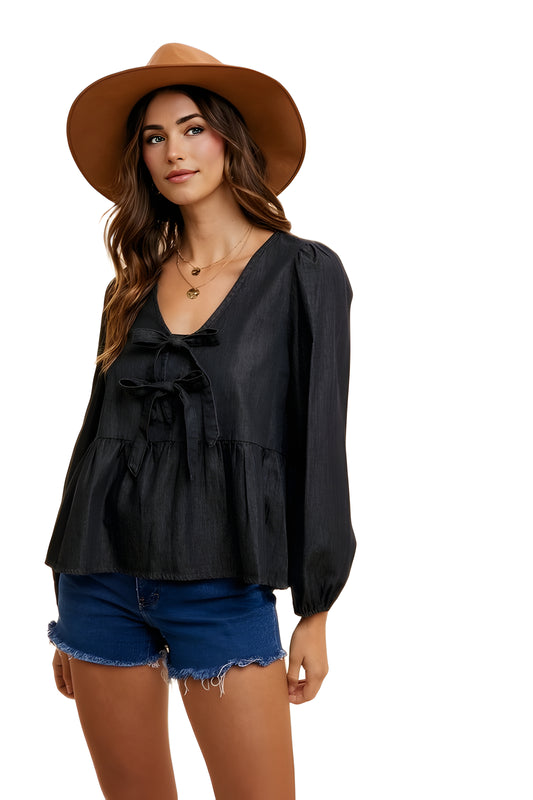 Long Sleeve Tie-Front Peplum Blouse in Black
