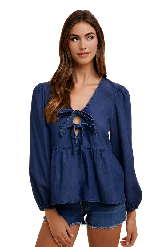Long Sleeve Tie-Front Peplum Blouse in Navy