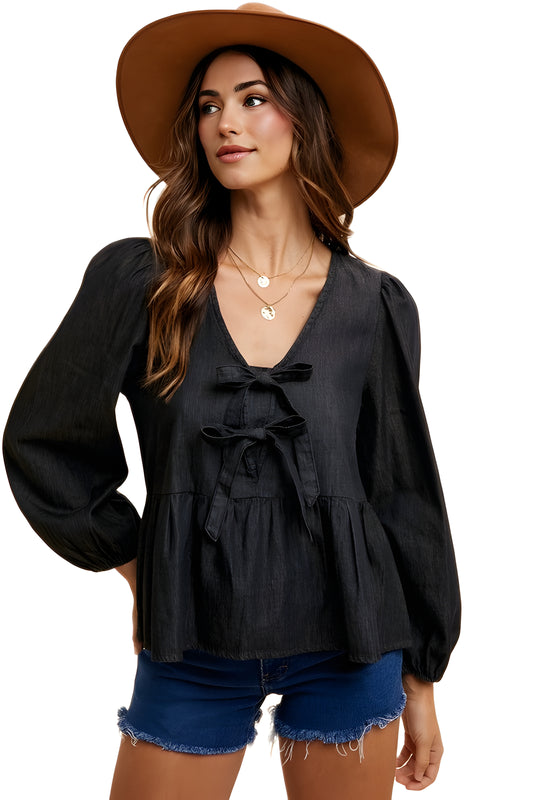 Long Sleeve Tie-Front Peplum Blouse in Black