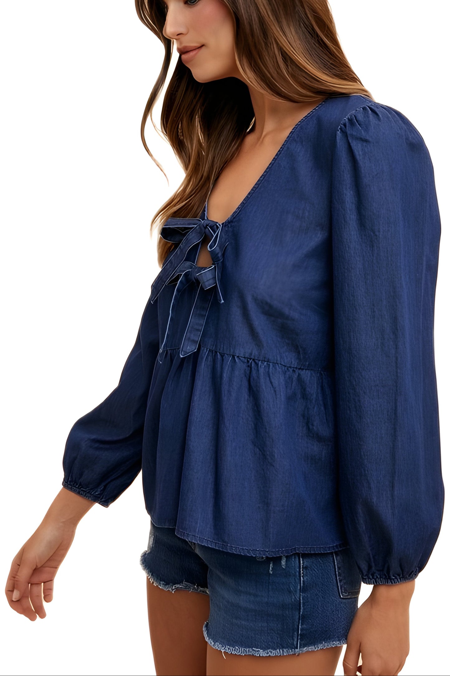 Long Sleeve Tie-Front Peplum Blouse in Navy
