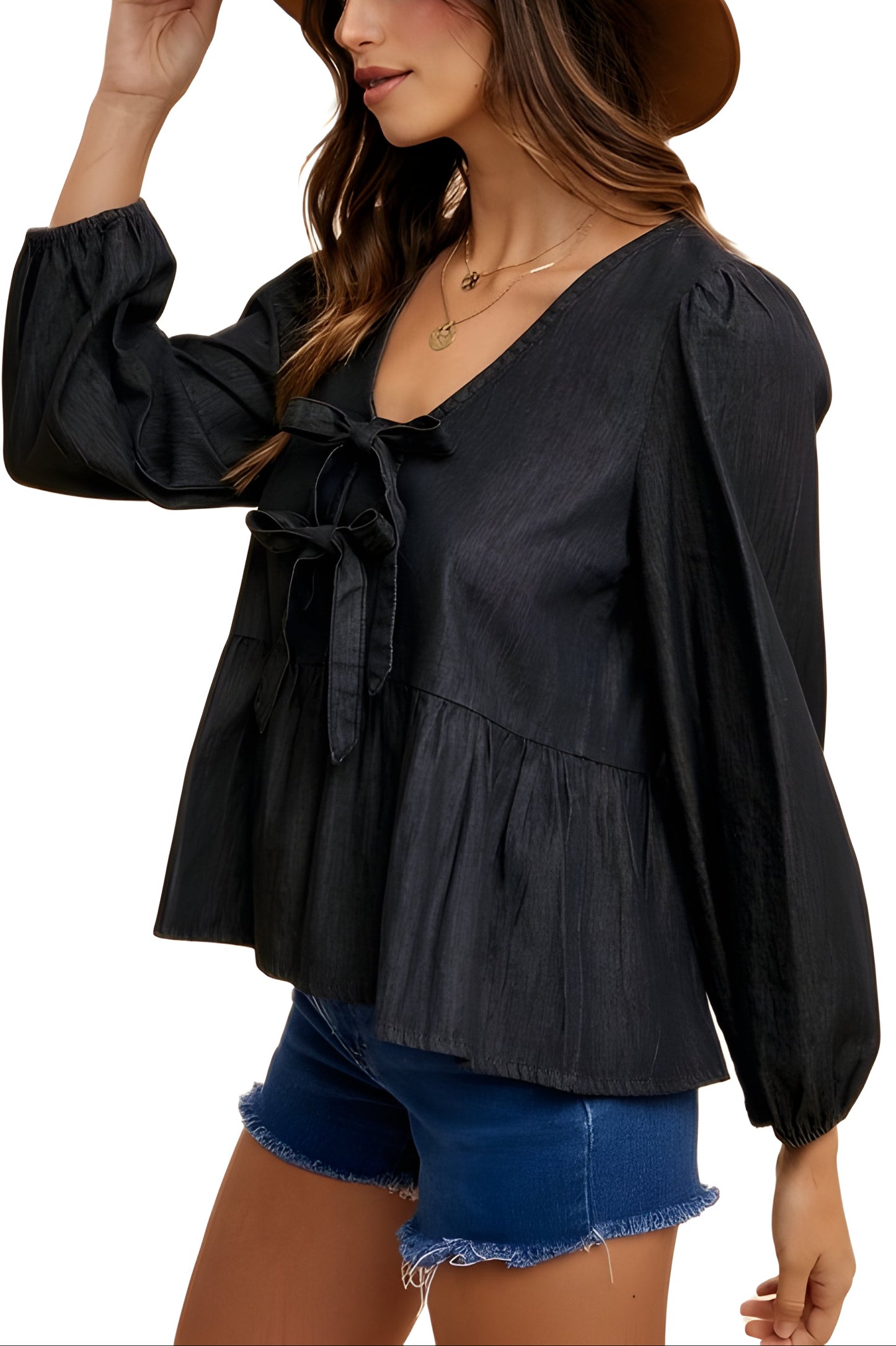 Long Sleeve Tie-Front Peplum Blouse in Black