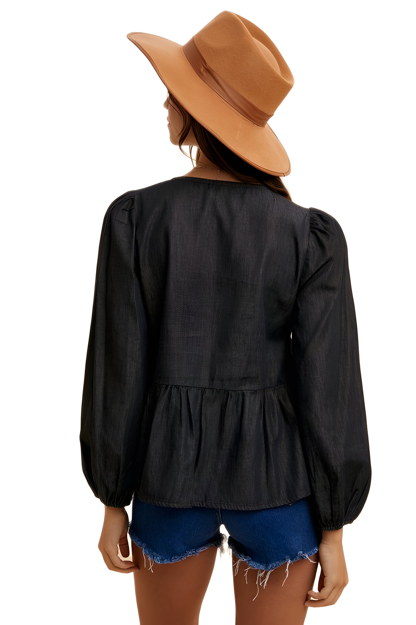 Long Sleeve Tie-Front Peplum Blouse in Black