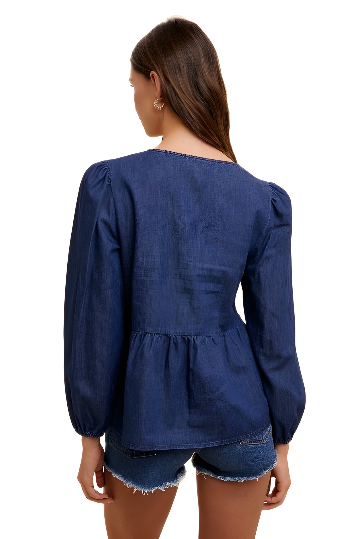 Long Sleeve Tie-Front Peplum Blouse in Navy