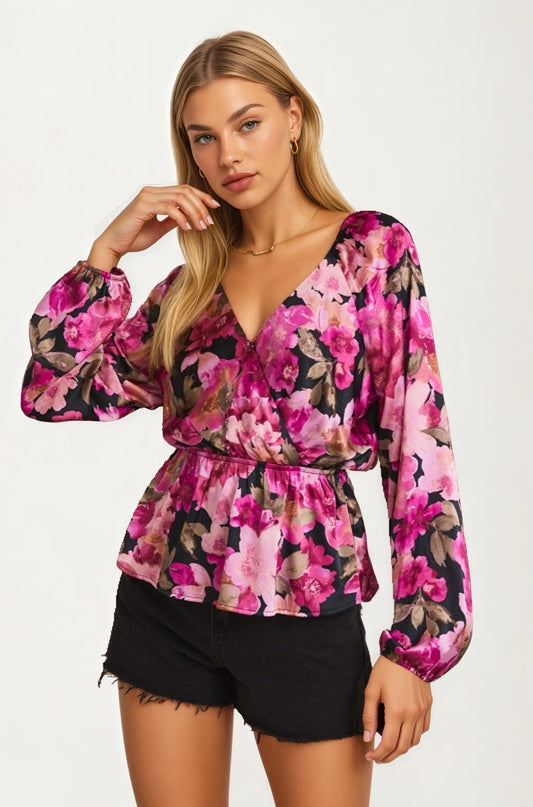 Long Sleeve V-Neck Floral Wrap Peplum Blouse