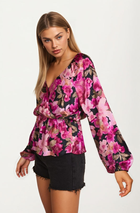 Long Sleeve V-Neck Floral Wrap Peplum Blouse