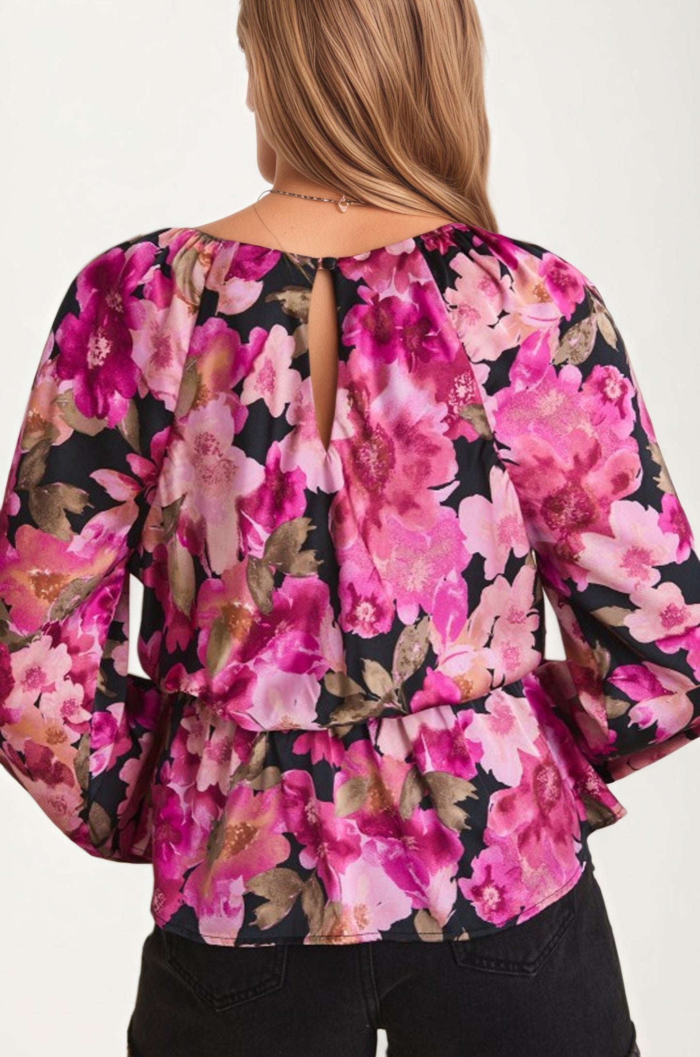 Long Sleeve V-Neck Floral Wrap Peplum Blouse