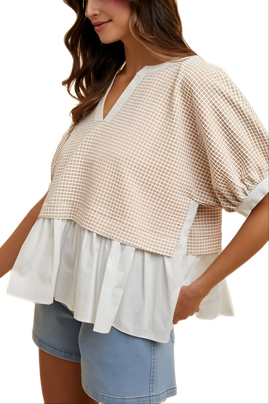 Contrast Hem Grid Blouse with V-Neckline