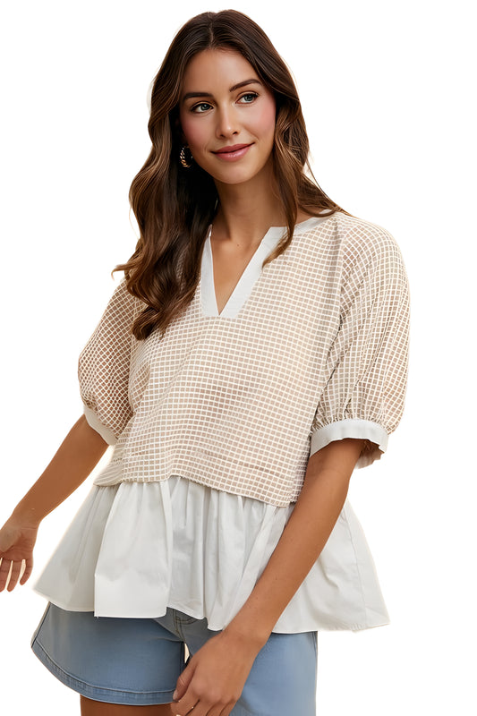 Contrast Hem Grid Blouse with V-Neckline