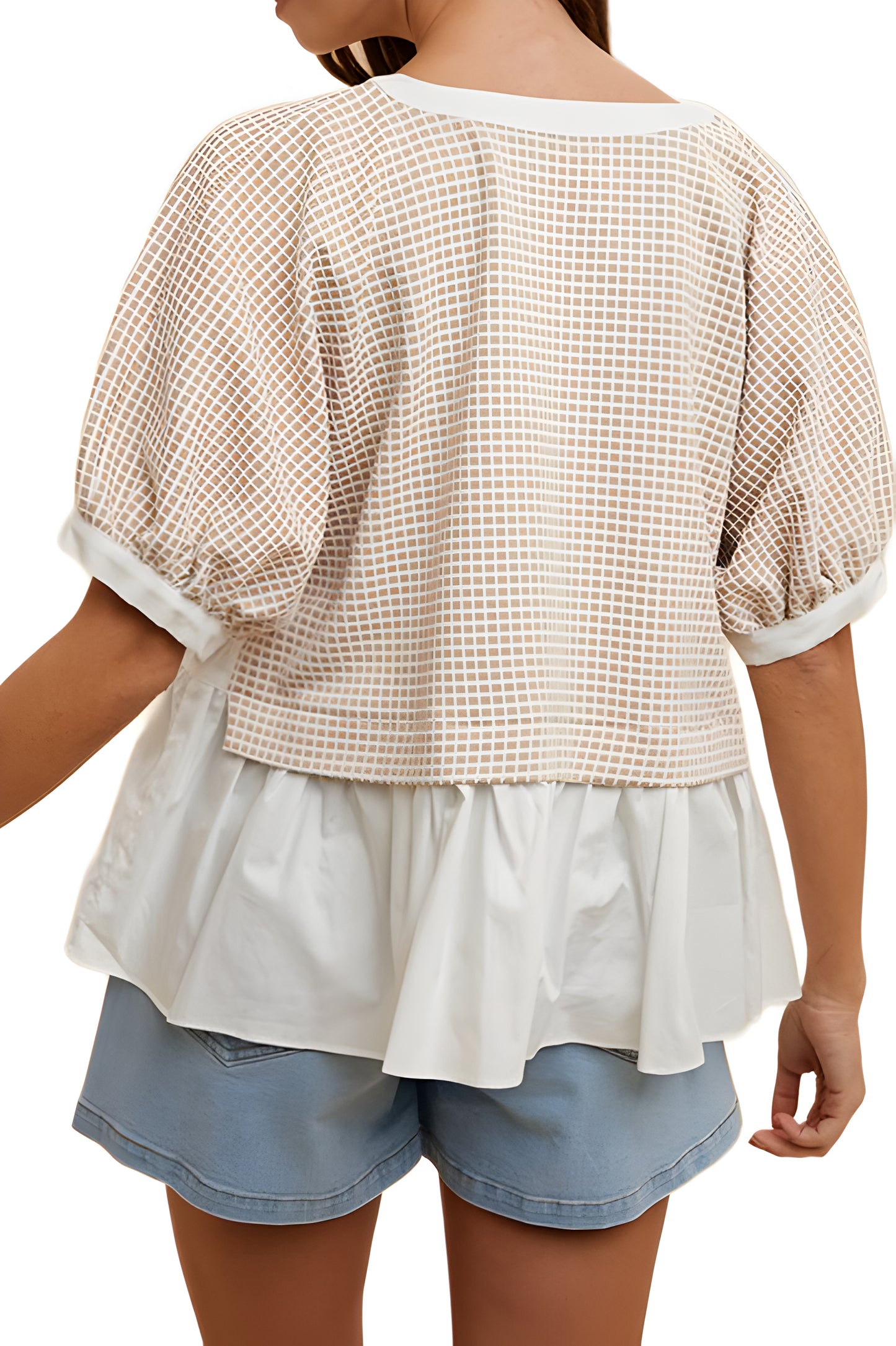 Contrast Hem Grid Blouse with V-Neckline