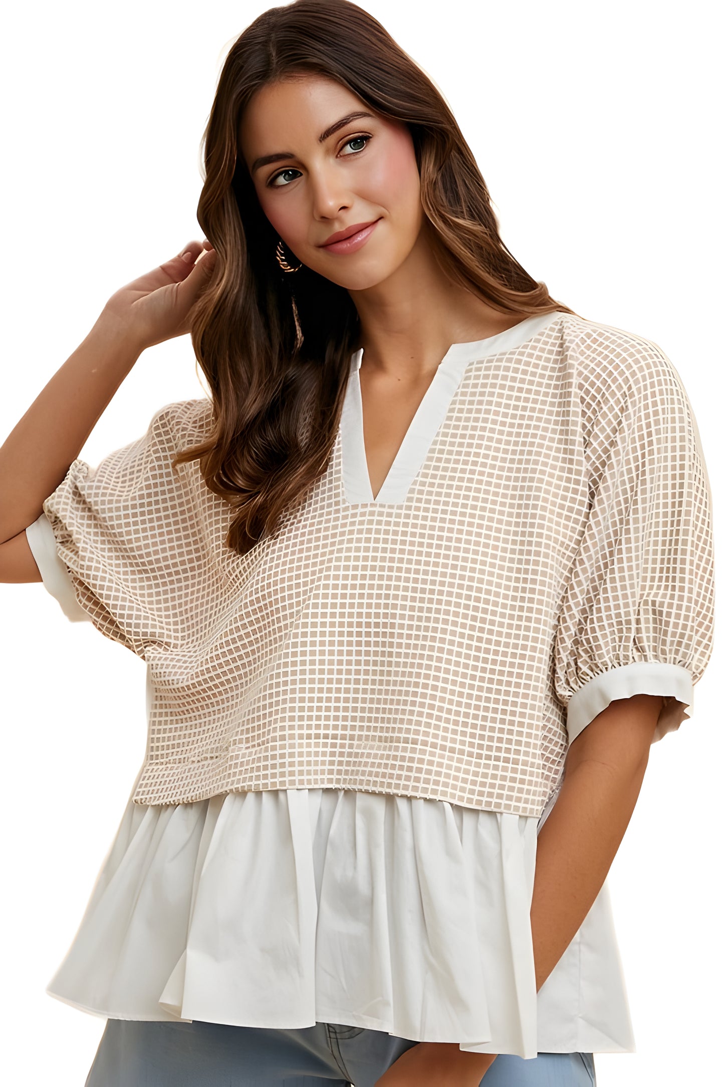 Contrast Hem Grid Blouse with V-Neckline
