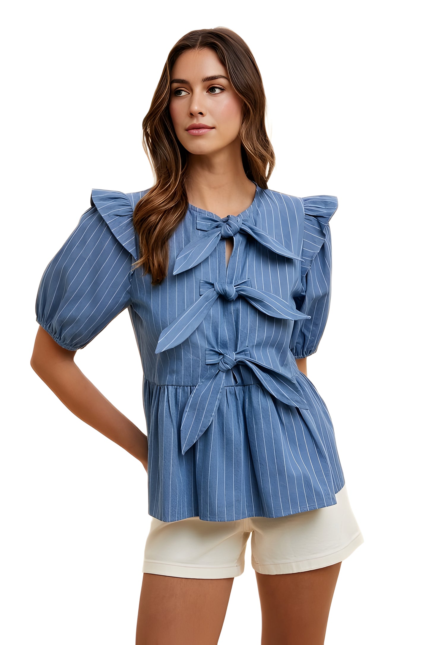 Blue Pinstripe Blouse with Ruffle Shoulder and Bow Detail