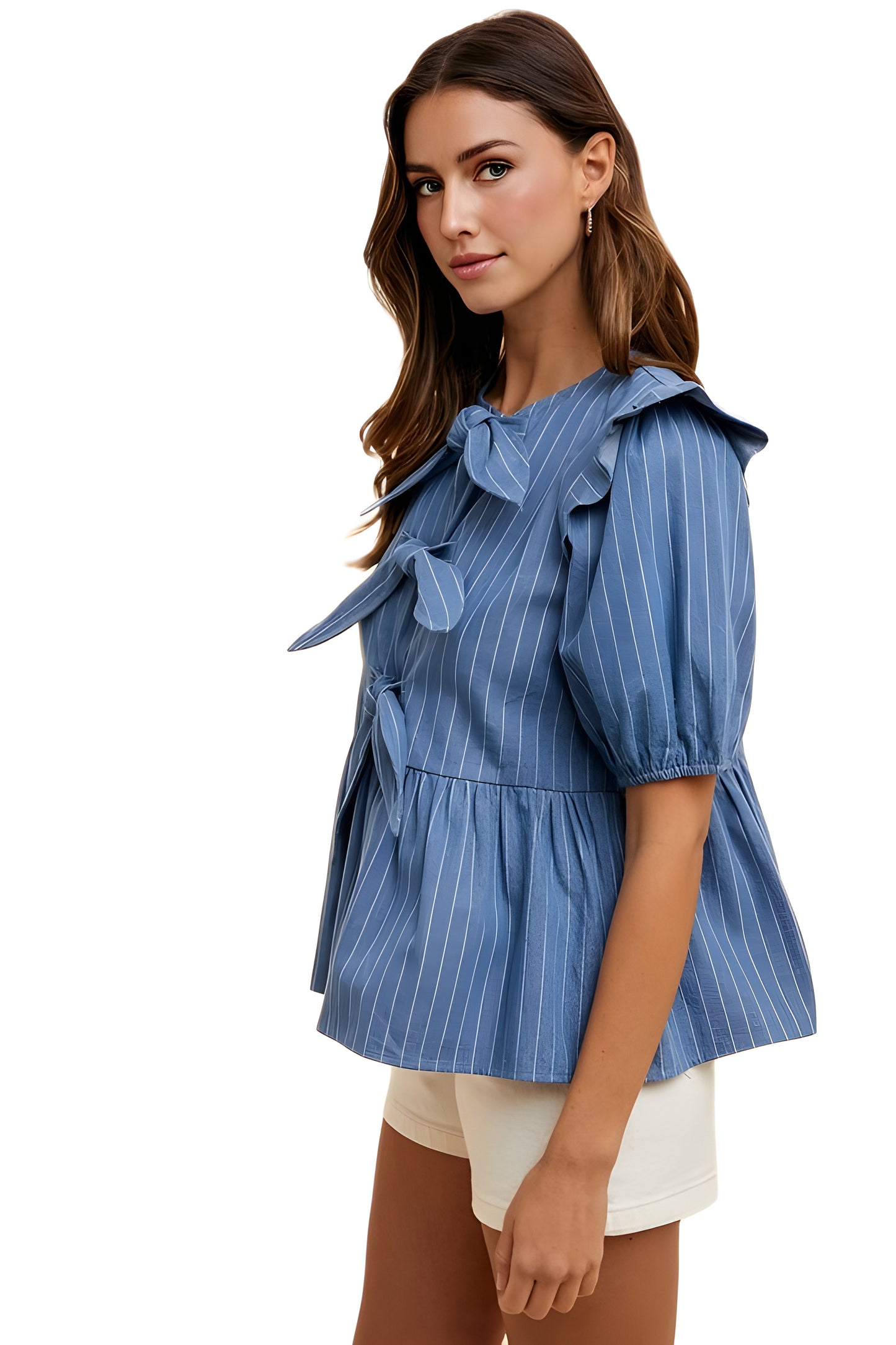Blue Pinstripe Blouse with Ruffle Shoulder and Bow Detail