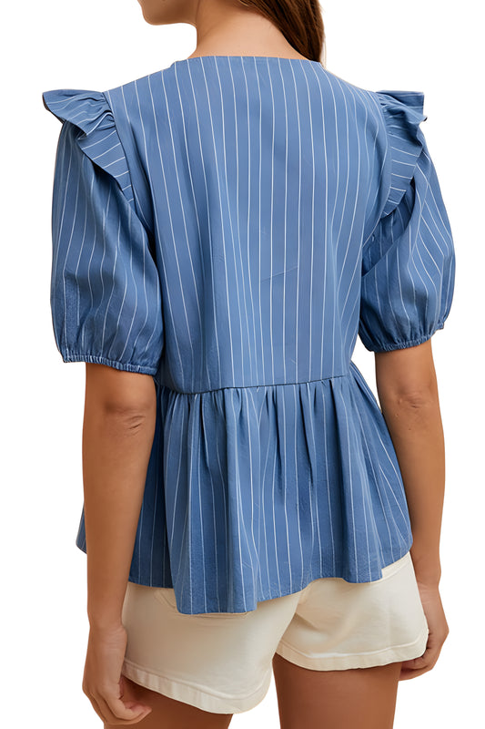 Blue Pinstripe Blouse with Ruffle Shoulder and Bow Detail
