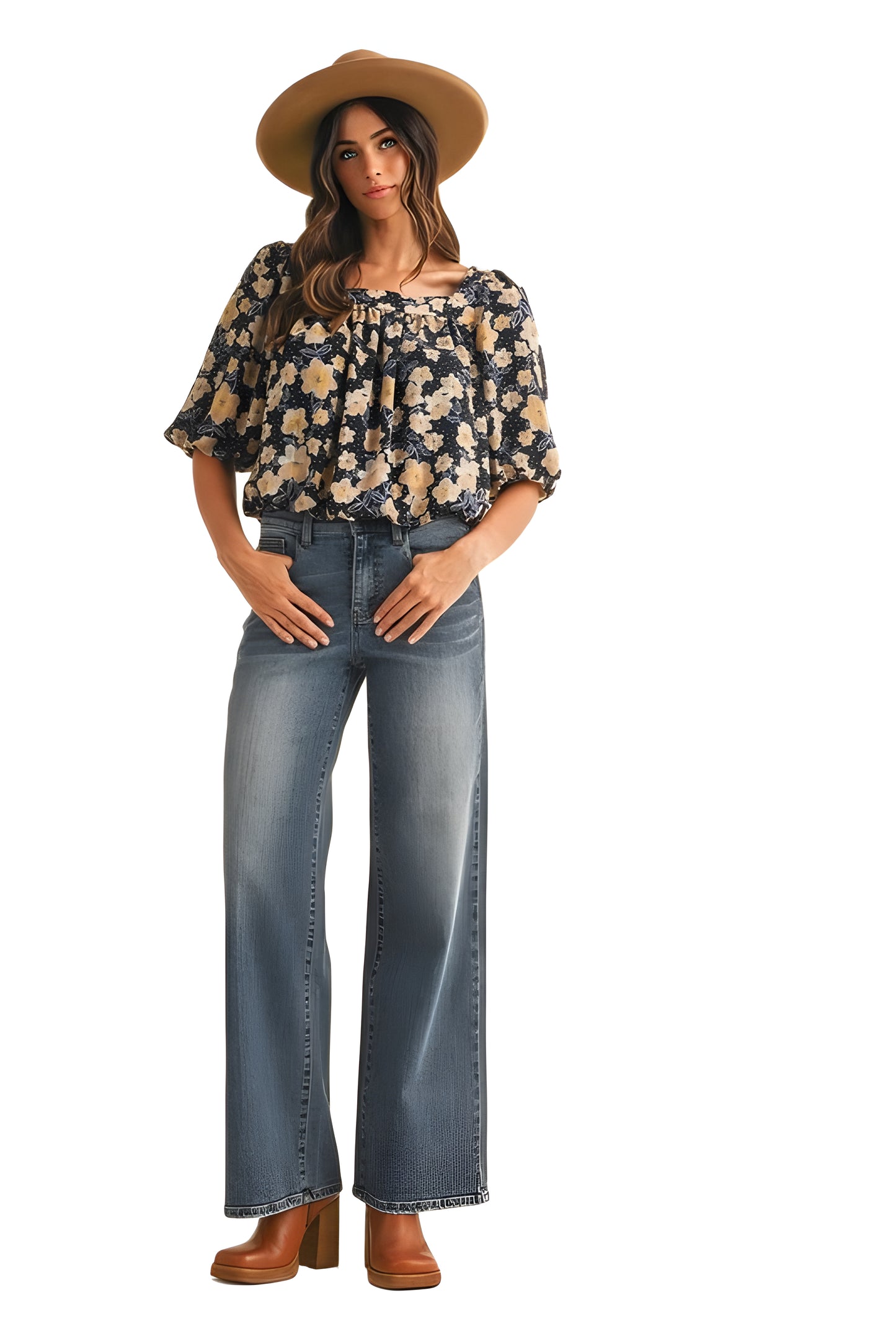 Floral Smocked Square Neck Top With Ruffle Sleeves