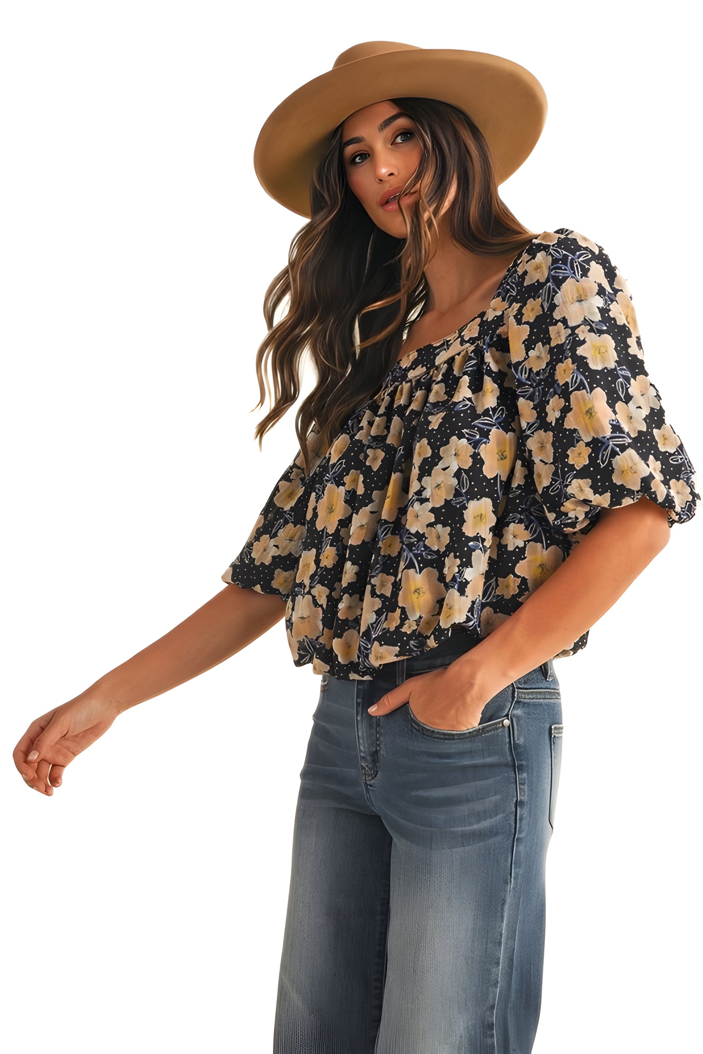 Floral Smocked Square Neck Top With Ruffle Sleeves