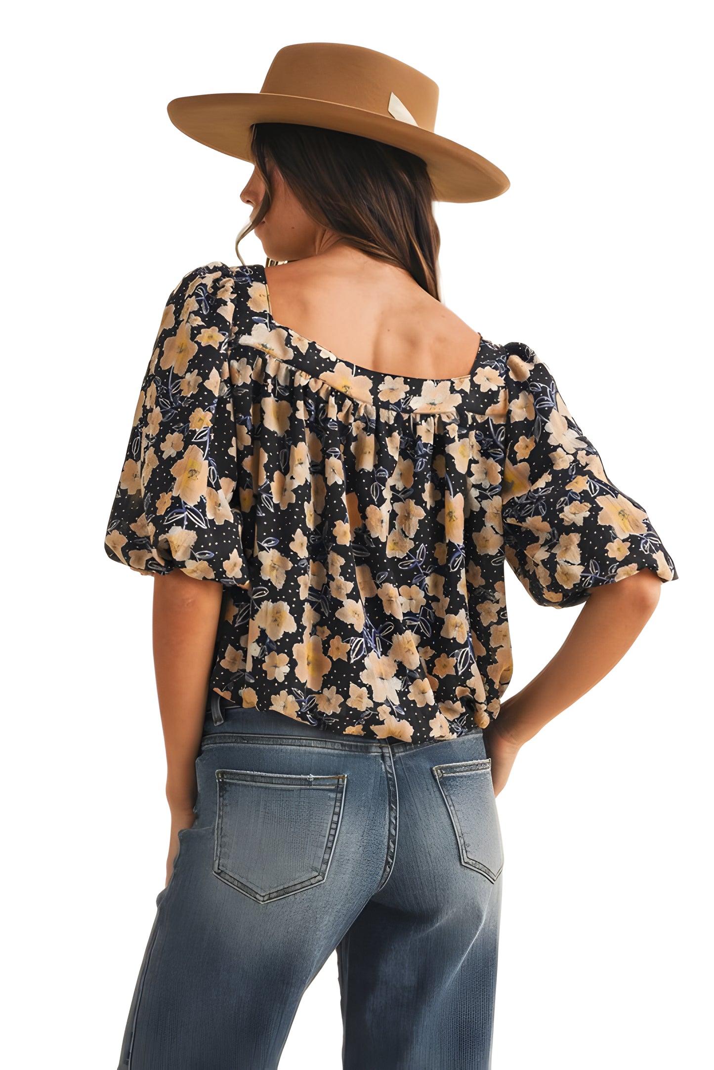 Floral Smocked Square Neck Top With Ruffle Sleeves