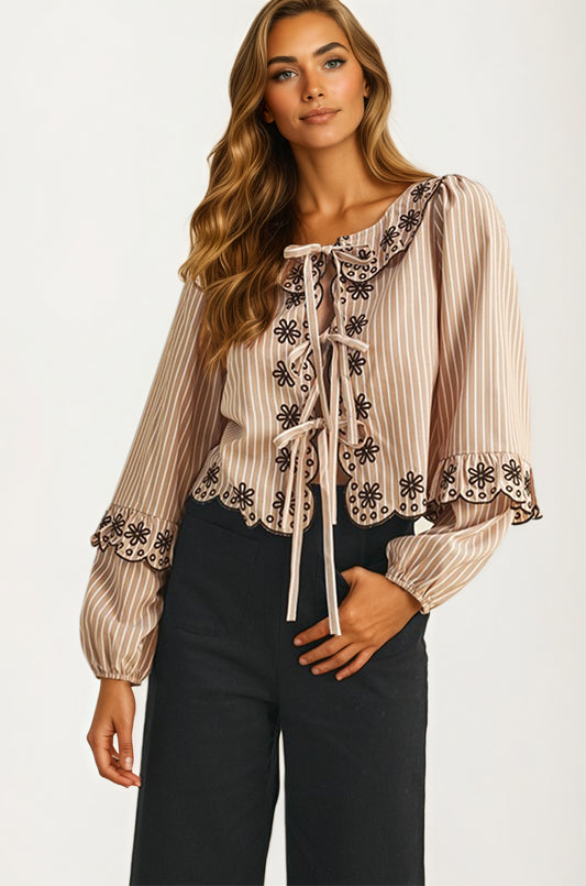 Striped Tie-Front Blouse with Floral Embroidered Trim