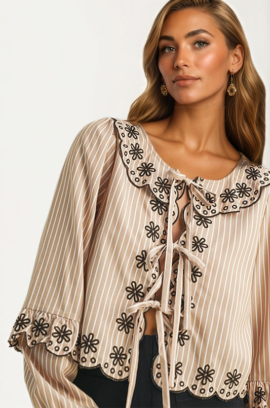 Striped Tie-Front Blouse with Floral Embroidered Trim