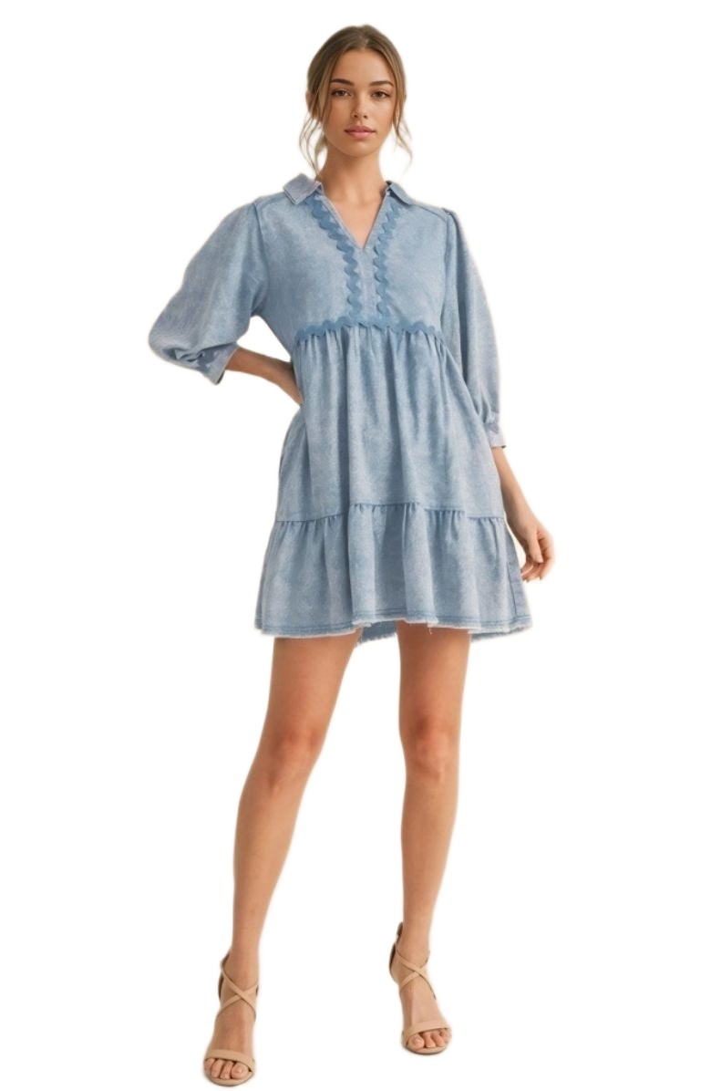 Light Blue Wave Knit Tiered Collared Pocket Mini Dress